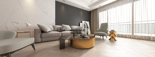 De vloer heeft een klassiek visgraatpatroon, wat zorgt voor een elegante en tijdloze uitstraling.